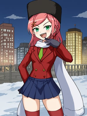 1girl, solo, olgamugen, pink hair, hairclip, braid, medium hair, black hat, fur hat, ushanka, green eyes, ushanka, white scarf, red blazer, long sleeves, green necktie, arm warmers, black gloves, blue skirt, single red thighhigh, outdoors, city, winter, cowboy shot, sharp teeth, smile, ojou-sama pose, cowboy shot