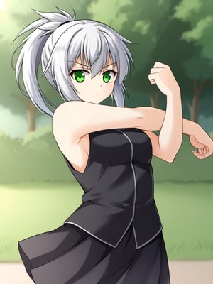 1girl, solo, anerrolange, white hair, ponytail, green eyes, black shirt, sleeveless, black skirt, outdoors, standing, serious, looking at viewer, cowboy shot, cross-body stretch, stretching