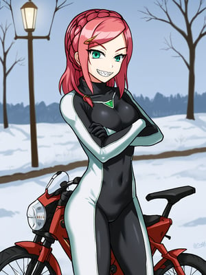 1girl, solo, olgamugen, pink hair, hairclip, braid, medium hair, green eyes, bodysuit, biker outfit, bike, outdoors, winter, standing, smile, sharp teeth arms crossed