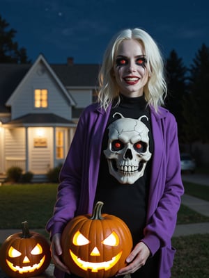 RAW photo, Long shot, wide angle, (caricature of scary skeleton woman), pale face, red glowing hollowed eyes, wery long white hair, baring sharp fangs, (wearing purple long jacket, black sweater), holds a big pumkin carved in the style of scary Jack-O-Lantern for Halloween, carved with menacing sharp teeth, at front yard of a single story house, lighted lamps post, eerie night hour