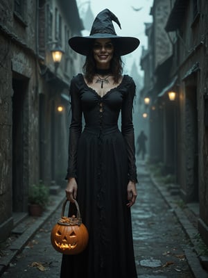 score_9, score_8_up, score_7_up, score_6_up, rating_explicit, rating_safe, witch, madness smile, (Halloween candys:1.5), Halloween themed bag, dark alley, night 