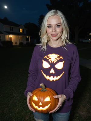 RAW photo, Long shot, wide angle, caricature of scary skeleton woman, pale face, red glowing hollowed eyes, wery long white hair, baring sharp fangs, (wearing purple long jacket, sweater with candy patterns), holds a big pumkin carved in the style of scary Jack-O-Lantern for Halloween, carved with menacing sharp teeth, at front yard of a single story house, lighted lamps post, eerie night hour