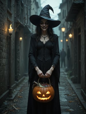 score_9, score_8_up, score_7_up, score_6_up, rating_explicit, rating_safe, witch, madness smile, (Halloween candys:1.5), Halloween themed bag, dark alley, night 