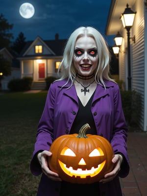 RAW photo, Long shot, wide angle, caricature of scary skeleton woman, pale face, red glowing hollowed eyes, wery long white hair, baring sharp fangs, (wearing purple long jacket, holds a big pumkin carved in the style of scary Jack-O-Lantern for Halloween, carved with menacing sharp teeth, at front yard of a single story house, lighted lamps post, eerie night hour