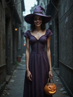 score_9, score_8_up, score_7_up, score_6_up, rating_explicit, rating_safe, witch, madness smile, (candys:1.5), Halloween themed bag, closed purple dress, dark alley, night, poster