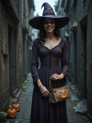 score_9, score_8_up, score_7_up, score_6_up, rating_explicit, rating_safe, witch, madness smile, (candys:1.5), Halloween themed bag, closed purple dress, dark alley, night, poster