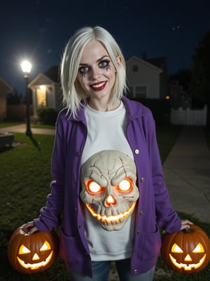 RAW photo, Long shot, wide angle, caricature of scary skeleton woman, pale face, red glowing hollowed eyes, wery long white hair, baring sharp fangs, (wearing purple long jacket, sweater with candy patterns), holds a big pumkin carved in the style of scary Jack-O-Lantern for Halloween, carved with menacing sharp teeth, at front yard of a single story house, lighted lamps post, eerie night hour