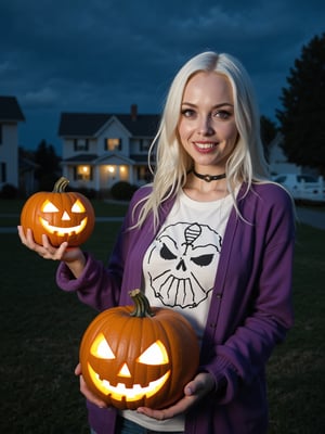 RAW photo, Long shot, wide angle, caricature of scary skeleton woman, pale face, red glowing hollowed eyes, wery long white hair, baring sharp fangs, (wearing purple long jacket, sweater with candy patterns), holds a big pumkin carved in the style of scary Jack-O-Lantern for Halloween, carved with menacing sharp teeth, at front yard of a single story house, lighted lamps post, eerie night hour