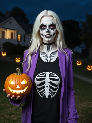 RAW photo, Long shot, wide angle, (caricature of scary skeleton woman, pale face), red glowing hollowed eyes, wery long white hair, baring sharp fangs, (wearing purple long jacket, black sweater), holds a big pumkin carved in the style of scary Jack-O-Lantern for Halloween, carved with menacing sharp teeth, at front yard of a single story house, lighted lamps post, eerie night hour