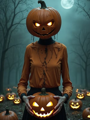 score_9, score_8_up, score_7_up, score_6_up, Halloween, helloween jack-o-latern hibrid, small body size, (eerie pumpkin head:1.9), hands grab the viewer, orange, Halloween Night,