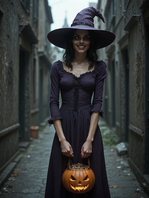 score_9, score_8_up, score_7_up, score_6_up, rating_explicit, rating_safe, witch, madness smile, (candys:1.5), Halloween themed bag, purple dress, dark alley, night 