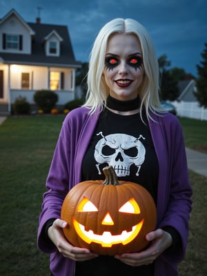 RAW photo, Long shot, wide angle, (caricature of scary skeleton woman, pale face), red glowing hollowed eyes, wery long white hair, baring sharp fangs, (wearing purple long jacket, black sweater), holds a big pumkin carved in the style of scary Jack-O-Lantern for Halloween, carved with menacing sharp teeth, at front yard of a single story house, lighted lamps post, eerie night hour