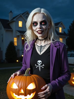 RAW photo, Long shot, wide angle, (caricature of scary skeleton woman, pale face), red glowing hollowed eyes, wery long white hair, baring sharp fangs, (wearing purple long jacket, black sweater), holds a big pumkin carved in the style of scary Jack-O-Lantern for Halloween, carved with menacing sharp teeth, at front yard of a single story house, lighted lamps post, eerie night hour