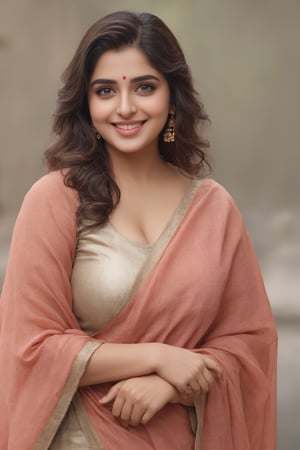 (best quality, 4k, 8k, highres, masterpiece:1.2), ultra-detailed, realistic, cute smile, beautiful detailed face, beautiful detailed hands, extremely detailed eyes, long eyelashes, curvy_figure,Sexy Pose,wearing_trouser_qameez_duppata,looking_at_viewer