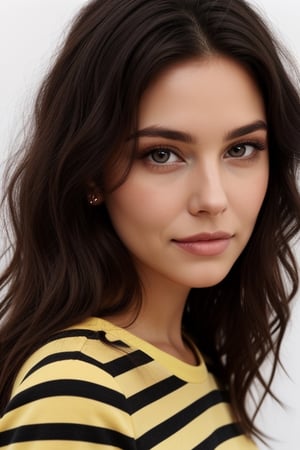 1girl, solo, long hair, looking at viewer, simple background, brown hair, shirt, black hair, white background, closed mouth, upper body, striped, black eyes, lips, shadow, traditional media, yellow shirt, striped shirt, realistic