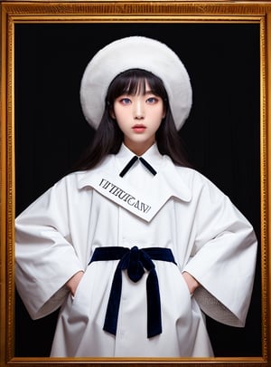 1 girl, a 20-year-old Korean girl, a portrait of her upper body looks at the viewer,
Perfect eyes, eyes, symmetrical pale blue eyes, redness, beauty, face concentration, straight thin redness, beautiful eye photography,wearing black velvet gown. white over velvet coat, korean_commentary 