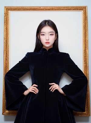 1 girl, a 20-year-old Korean girl, a portrait of her upper body looks at the viewer,
Perfect eyes, eyes, symmetrical pale blue eyes, redness, beauty, face concentration, straight thin redness, beautiful eye photography,wearing black velvet gown. white over velvet coat, korean_commentary 