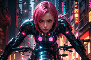 r1ge, Futuristic girl, female "ROG" logo alien suit, detailed, ultra HD quality, hdr reflection, pink hair, reflector light,riding a handsome motorcycle, in the futuristic republic of gamers cyberpunk style