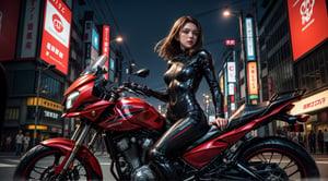 Futuristic girl, female alien suit, detailed, ultra HD quality, hdr reflection, reflector light,brown hair, riding a handsome motorcycle,in the futuristic tokyo cyberpunk style