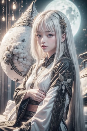 A girl with white hair, wearing a Hanfu, surrounded by beautiful specks of starlightㄝ,A white-haired Chinese woman in Hanfu sits on the moon in a purple-toned setting, depicted in a realistic style.