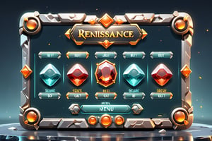 Rectangular button and Square button ,Attack skill button ,gorgeous gemstones ,Simple Horizontal UI frame for a mobile game menu where the menu is divided to 3 section, the middle section is the widest, isolated ,The style should be realistic, focusing on creating a high-definition scenic painting.,Movie Still,Renaissance Sci-Fi Fantasy
