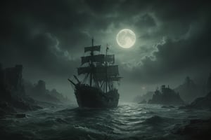 green will-o'-the-wisp, terrifying dark sea, tattered ship fragments, dark sky, large green moon,masterpiece,movie lighting, high definition,high resolution, visually Stunning,best Quality,variety of colors,Enhance,dreadtech ,disturbing,fantasy00d,blood red,horror (theme),More Detail