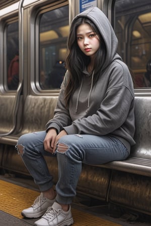 1girl, solo, long hair, black hair, hoodie sweater,halfcut pant jeans, lonely,sitting on subway train,masterpiece,highly detailed,4k,,,<lora:659095807385103906:1.0>