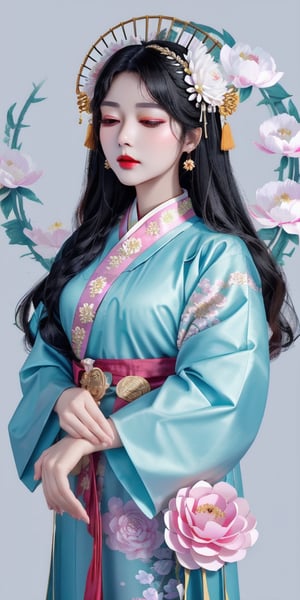 1girl, solo, black hair, hair ornament, long sleeves, holding, closed eyes, flower, hair flower, makeup, chinese clothes, lipstick, hand fan, hair rings, realistic, holding fan, paper fan, korean clothes, hanfu, hanbok, peony \(flower\).