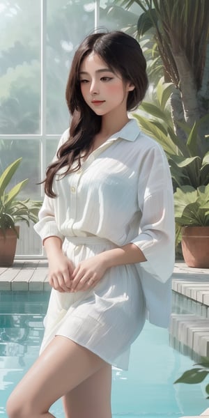 Soft focus on the serene young woman reclining in a hammock, her cream-colored shirt glowing like misty dawn light. The pool's gentle ripples reflect the morning's tranquility. In the distance, the large glass window of the charming cottage's terrace beckons, its modern lines subtly contrasting with the idyllic scenery. Brushstrokes dance across the canvas, capturing the fleeting moment as morning sunlight caresses her skin.
