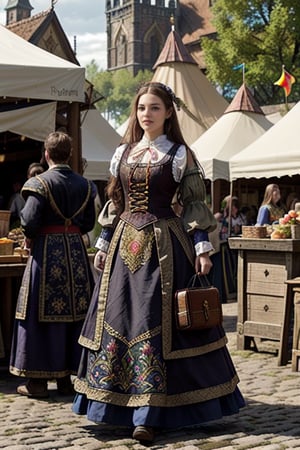 A medieval girl in traditional dress, in a town square, festival, medieval bacchanalia, tents, vendors, mysterious medieval, masterpiece,High detailed,watercolor, ,ukrainian dress