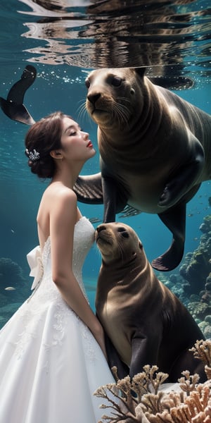 A stunning underwater scene: a lone girl, resplendent in her wedding dress, descends into the crystal-clear waters. As she dives deeper, a curious sea lion swims alongside her, its curious gaze meeting hers. The girl's eyes are hidden behind futuristic eye goggles, while a love logo glows softly on her chest. The sharp focus captures the intricate details of the sea floor's beautiful landscape, with coral and seaweed swaying gently in the current.
