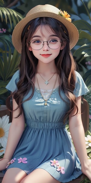 1girl, solo, long hair, smile, blonde hair, hat, dress, holding, jewelry, sitting, closed eyes, flower, short sleeves, glasses, teeth, day, necklace, grin, lips, book, blue dress, watermark, floral print, sunlight, plant, facing viewer, holding book, black-framed eyewear, sun hat, open book, realistic, nose, brown headwear, straw hat, reading, bench