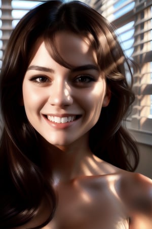 A close-up shot of a girl with long, messy brown-black hair framing her face. She gazes directly at the viewer, her bright brown eyes sparkling with a warm smile. Her open mouth showcases her teeth and plump lips, which curve upwards in a gentle, inviting grin. The focus is on her upper body, with the camera positioned to accentuate her features. The lighting is soft and natural, with a hint of warmth that complements her realistic features. In the background, blinds are partially open, adding texture and depth to the composition.