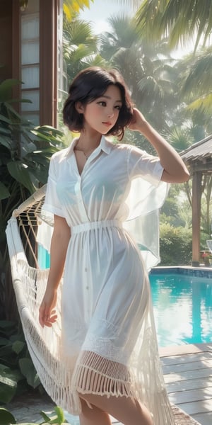 A beautiful young woman in a cream transparent men's shirt lies in a hammock near the pool. In the distance you can see the large glass window of the terrace of a beautiful cottage in the early morning. Impressionism. Each frame has its own excellent potential. Make it perfect. 32K.