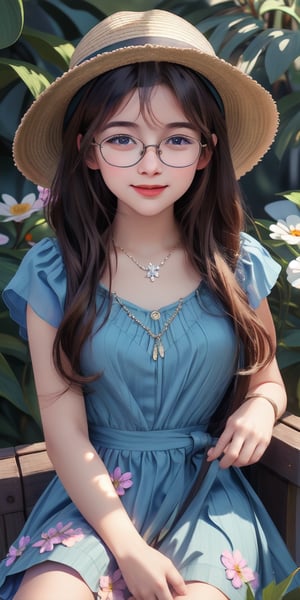 1girl, solo, long hair, smile, blonde hair, hat, dress, holding, jewelry, sitting, closed eyes, flower, short sleeves, glasses, teeth, day, necklace, grin, lips, book, blue dress, watermark, floral print, sunlight, plant, facing viewer, holding book, black-framed eyewear, sun hat, open book, realistic, nose, brown headwear, straw hat, reading, bench