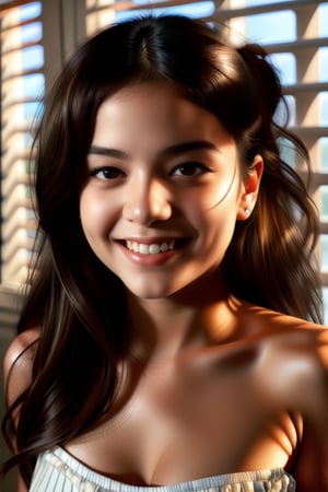 A close-up shot of a girl with long, messy brown-black hair framing her face. She gazes directly at the viewer, her bright brown eyes sparkling with a warm smile. Her open mouth showcases her teeth and plump lips, which curve upwards in a gentle, inviting grin. The focus is on her upper body, with the camera positioned to accentuate her features. The lighting is soft and natural, with a hint of warmth that complements her realistic features. In the background, blinds are partially open, adding texture and depth to the composition.