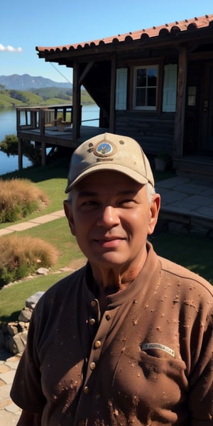 A stunning 85-year-old male stands proudly in front of a historic, weathered house, his broad shoulders and defined muscles straining against tight-fitting clothing. His rugged, emotive face conveys a sense of nostalgia as he gazes out at the breathtaking landscape before him, with rolling hills and a serene lake shimmering in the warm sunlight.