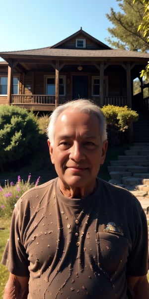 A stunning 85-year-old male stands proudly in front of a historic, weathered house, his broad shoulders and defined muscles straining against tight-fitting clothing. His rugged, emotive face conveys a sense of nostalgia as he gazes out at the breathtaking landscape before him, with rolling hills and a serene lake shimmering in the warm sunlight.