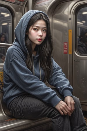 1girl, solo, long hair, black hair, hoodie sweater,halfcut pant jeans, lonely,sitting on subway train,masterpiece,highly detailed,4k,,<lora:659095807385103906:1.0>,<lora:659095807385103906:1.0>