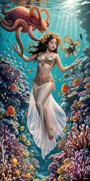 A mesmerizing underwater scene: a girl, dressed in a shimmering belly dancer costume, floats amidst a kaleidoscope of coral and schools of fish. A curious cuttlefish and octopus hover nearby, their camouflage abilities on full display as they blend seamlessly into the water's effects. The warm glow of sunlight filters down from above, casting an ethereal ambiance.
