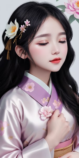 1girl, solo, black hair, hair ornament, long sleeves, holding, closed eyes, flower, hair flower, makeup, chinese clothes, lipstick, hand fan, hair rings, realistic, holding fan, paper fan, korean clothes, hanfu, hanbok, peony \(flower\).
