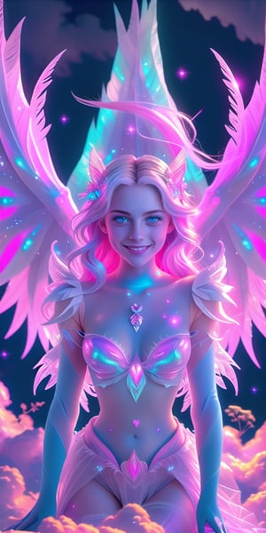 (masterpiece, best quality, CGI, official art:1.2), (stunning celestial being:1.3), (iridescent wings:1.4), shimmering silver hair, piercing sapphire eyes, gentle smile, (luminous aura:1.2), soft focus, whimsical atmosphere, serene emotion, dreamy tone, vibrant intensity, inspired by Hayao Miyazaki's style, ethereal aesthetic, pastel colors with (soft pink accents:1.1), warm mood, soft golden lighting, diagonal shot, looking up in wonder, surrounded by (delicate clouds:1.1) and (shimmering stardust:1.2), focal point on the being's face, intricate textures on wings and clothes, highly realistic fabric texture, atmospheric mist effect, high image complexity, detailed environment, subtle movement of wings, dynamic energy.