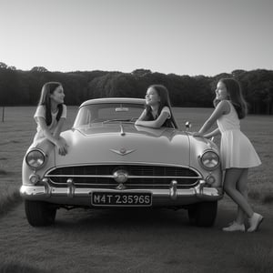 Vintage vibes radiate from a monochrome masterpiece: two teenage girls, beaming with excitement, flanking a stunning classic car on a grassy roadside. Their faces aglow, they gaze adoringly at the retro ride's sleek lines and gleaming chrome. The composition bursts with energy, as bold lines and playful poses capture their youthful enthusiasm in a nostalgic snapshot of bygone eras.