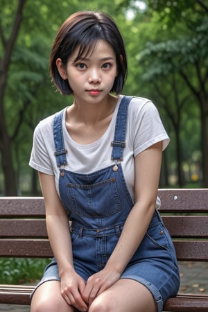 1girl, solo,short black hair, white tshirt,denim overall,lonely at park, sitting on bench,masterpiece,highly detailed,4k,,<lora:659095807385103906:1.0>