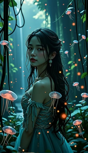 An Asian young woman with long flowing hair, adorned in a delicate emerald green gown, surrounded by a mesmerizing rainforest waterfall environment. She stands amidst a dance of luminescent jellyfish, which glow in hues of pink and blue. The backdrop is a cascading waterfall, punctuated by the soft glow of bioluminescent plants and the gentle mist of water. The woman's gaze is distant, as if lost in thought, while the jellyfish float gracefully around her, creating an ethereal and dreamlike atmosphere.