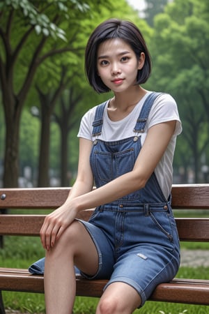 1girl, solo,short black hair, white tshirt,denim overall,lonely at park, sitting on bench,masterpiece,highly detailed,4k,,<lora:659095807385103906:1.0>