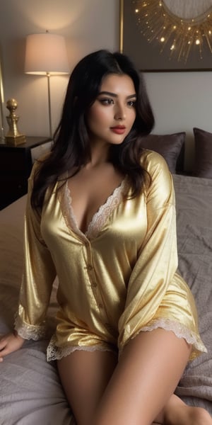 A sultry night in. A lone figure reclines on a plush bed, surrounded by soft, golden lighting. She wears lacy pyjamas that accentuate her curves, her gaze locked onto the viewer with a sultry, seducing stare. Her hair is tousled, framing her face with a hint of mischief.