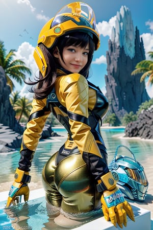 a girl, thunder yellow jacket, tight suit,Space helm of the 1960s,and the anime series ace, Fantastic Surrealism, Post-apocalyptic, Cute Illustration, Bio-Robotic Art, Fantasy Digital Painting, Fantasy Landscapes, Dragon with a futurastic underwater helm Fantasy, Art, Surrealism, Geomorphologie-Kunst, Fluid Art, Underwater Photography, Biomechanical Sculpture, Kemono, Beautiful Girl Turned to the Camera, White Background, 3D Vector Art, Greg Rutkowski,  Detailedface, Detailedeyes, 1 girl