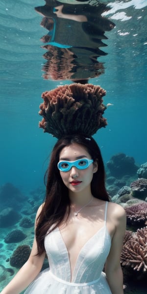 A stunning underwater scene: a lone girl, resplendent in her wedding dress, descends into the crystal-clear waters. As she dives deeper, a curious sea lion swims alongside her, its curious gaze meeting hers. The girl's eyes are hidden behind futuristic eye goggles, while a love logo glows softly on her chest. The sharp focus captures the intricate details of the sea floor's beautiful landscape, with coral and seaweed swaying gently in the current.