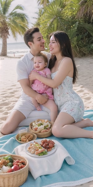 A serene beachside scene captures a loving couple and their precious baby enjoying a leisurely lunch amidst the warm sunshine. The gentle waves caress the shore as the trio savors the delicious spread on a colorful picnic blanket. Soft lighting illuminates their joyful faces, radiating good vibes as they cherish this special moment together.